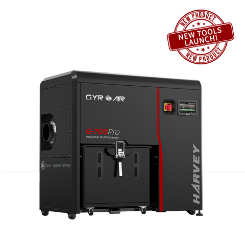 Black and red Harvey G-700Pro industrial dust processor with 'New Product Launch' label on a white background