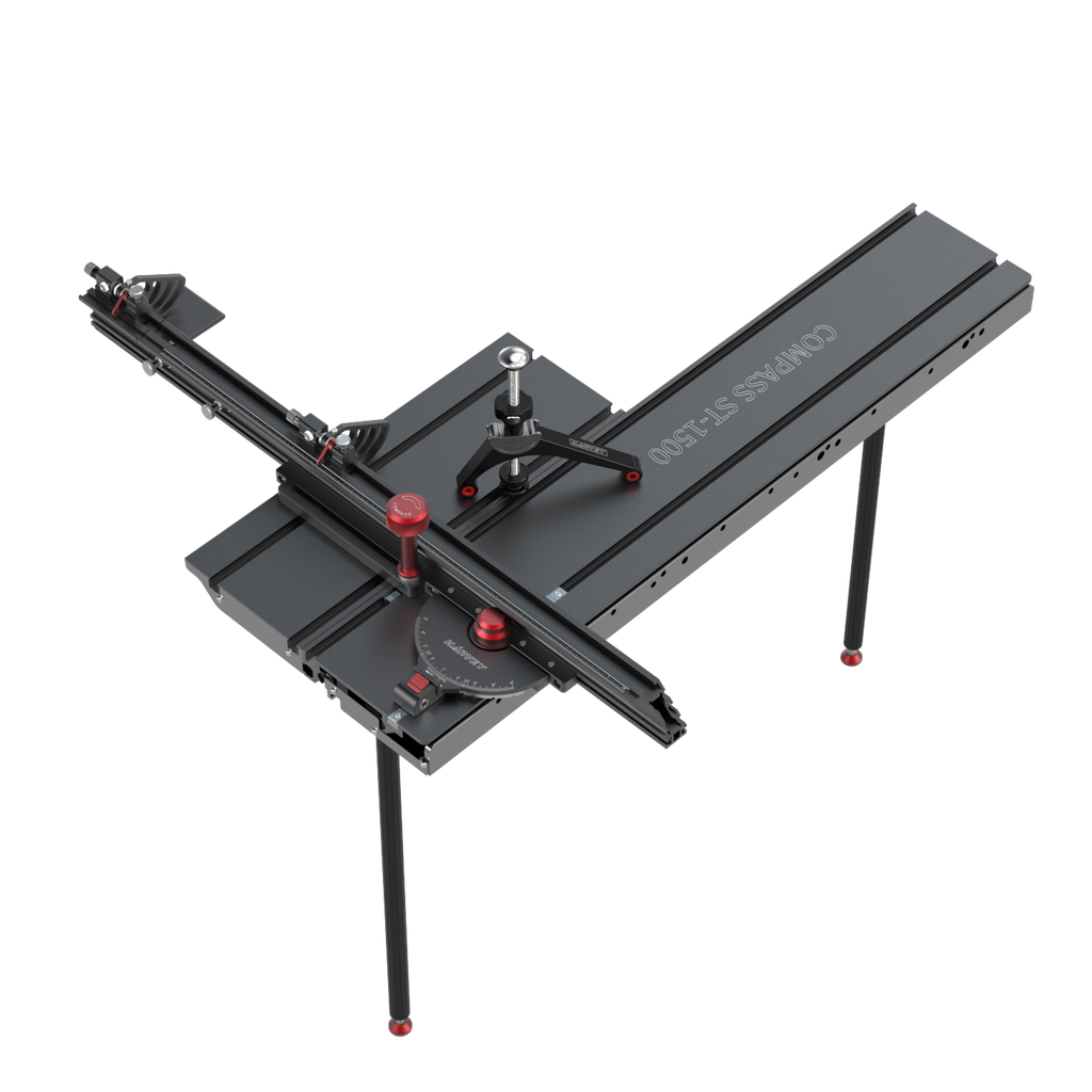 A COMPASS ST-1500 Sliding Table, featuring a black sliding table with a miter cutting fence system, half-moon indexing gauge, and flip stops.