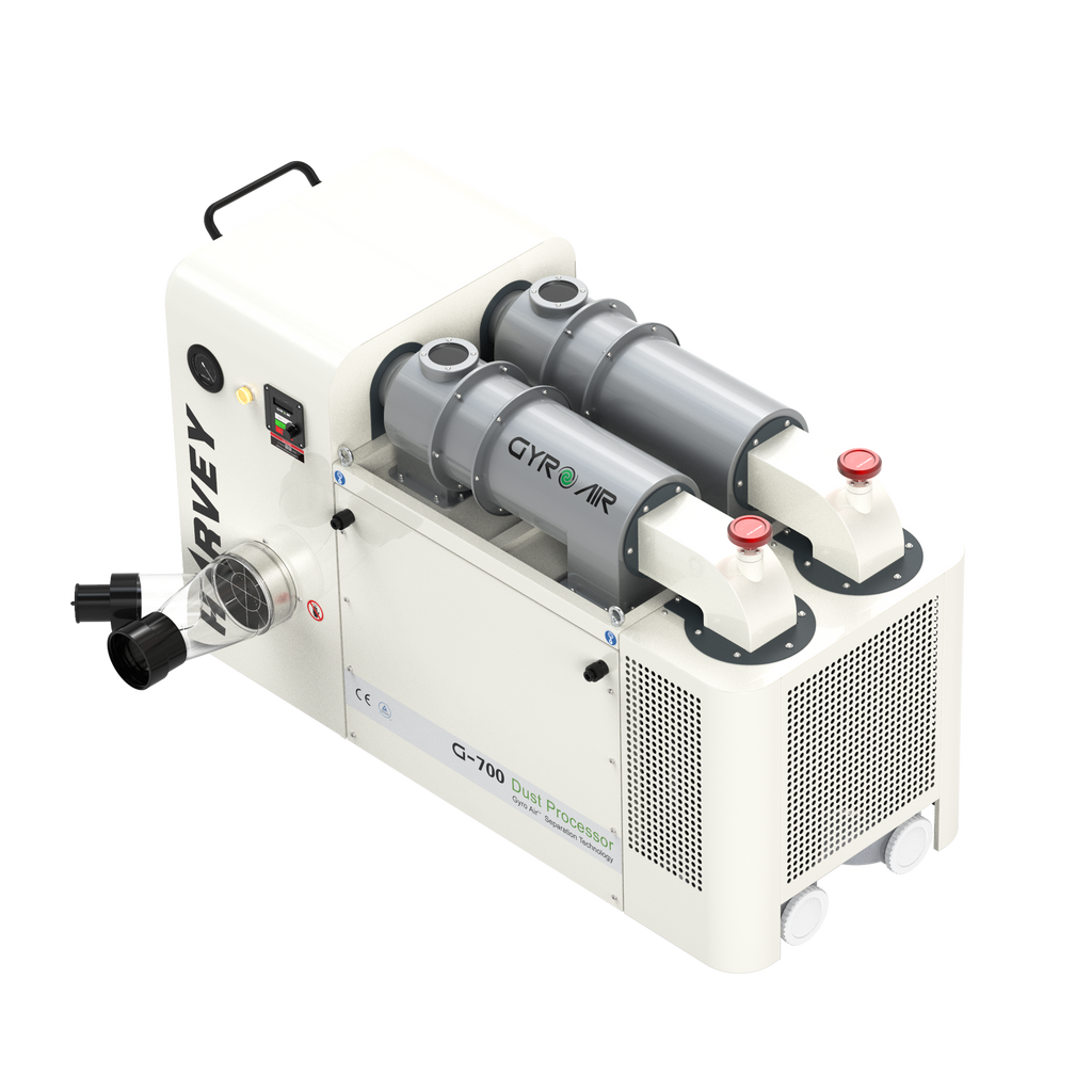 An industrial dust processor machine, predominantly white in color, with visible control knobs and intake ports.