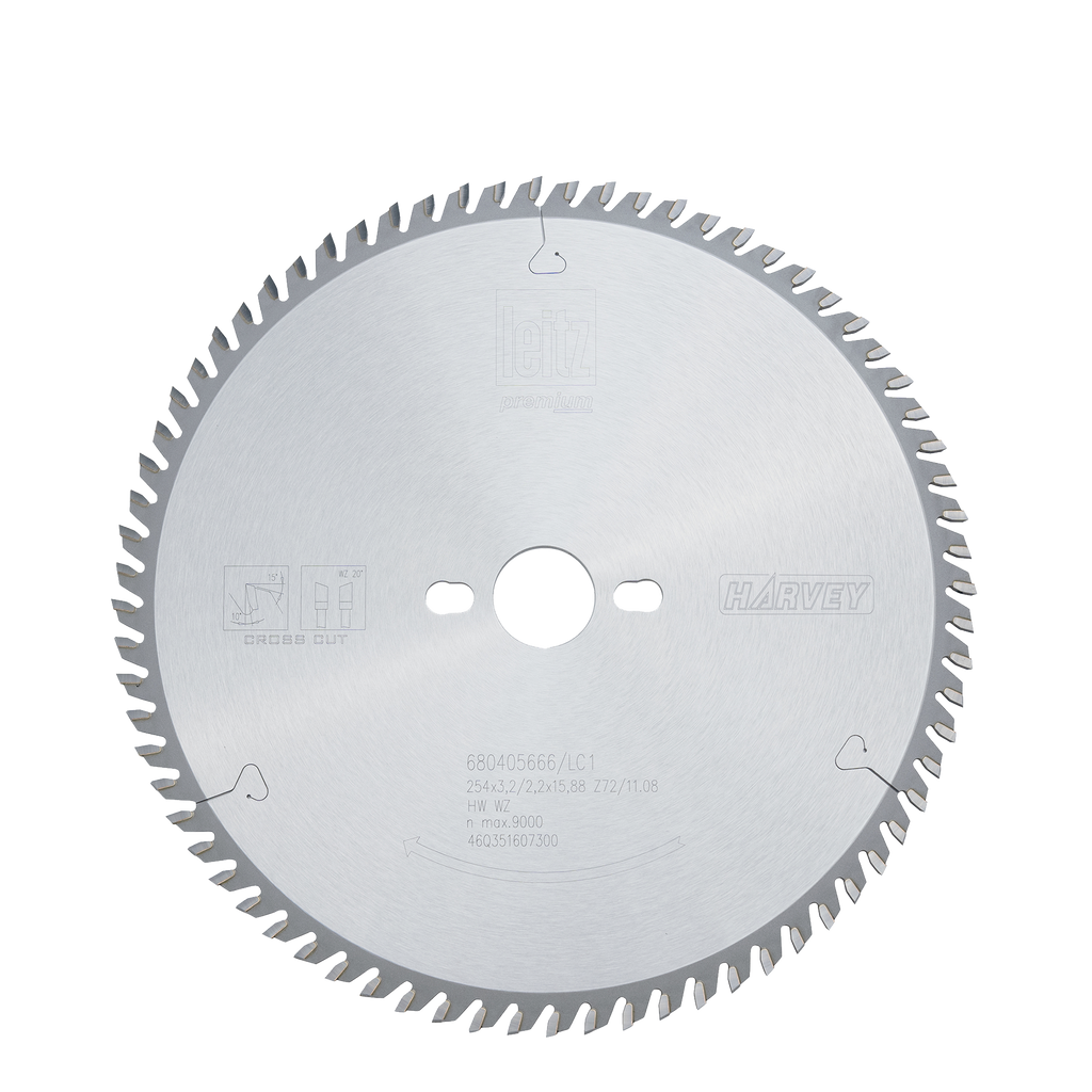 A set of silver-colored table saw blades with teeth, including one labeled 'DESTROYER' and another 'HARVEY'.