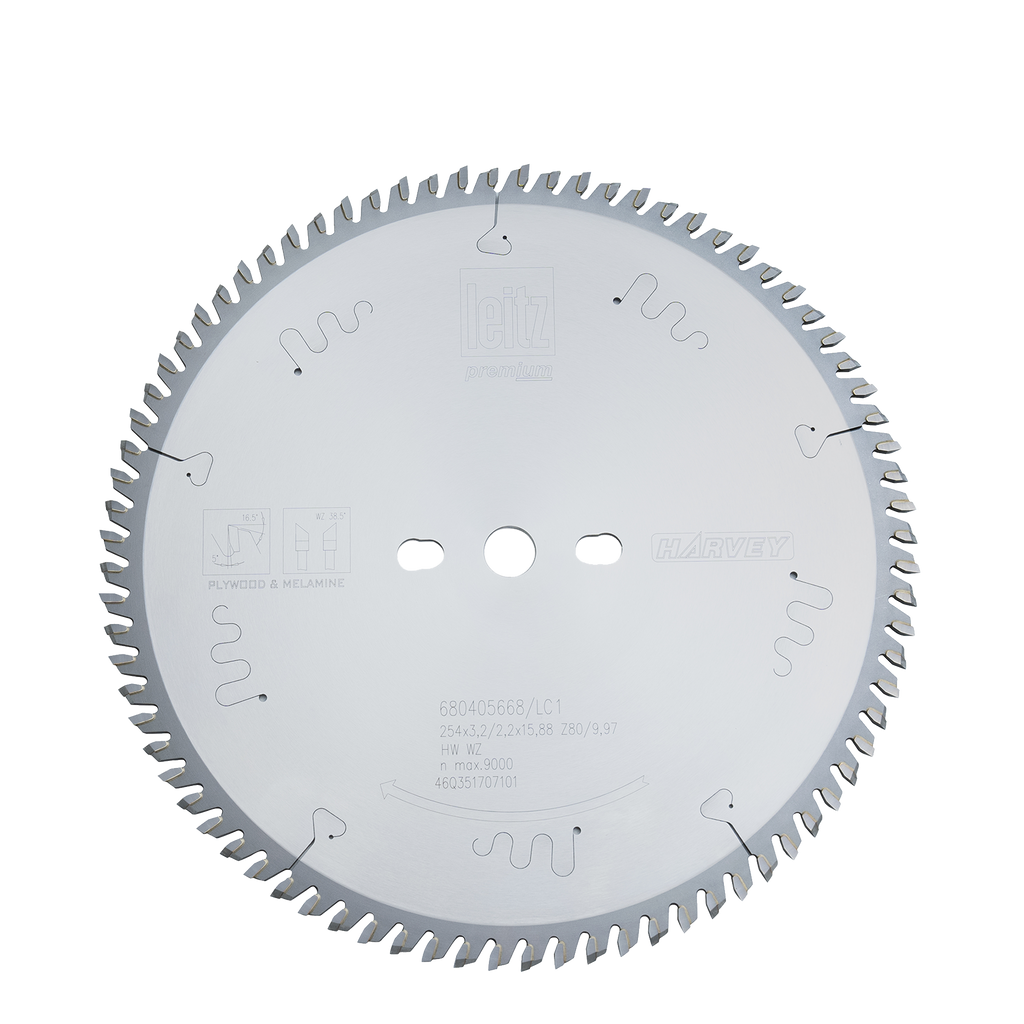 A set of silver-colored table saw blades with teeth, including one labeled 'DESTROYER' and another 'HARVEY'.